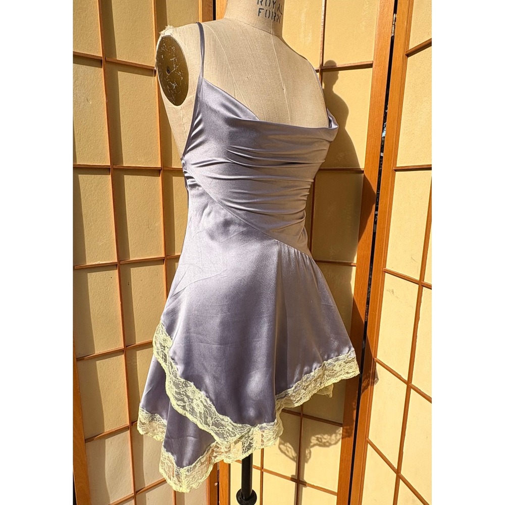 Fairycore Satin Slip Dress Purple Yellow Lace Y2K Asymmetric US 6 by Nasty Gal